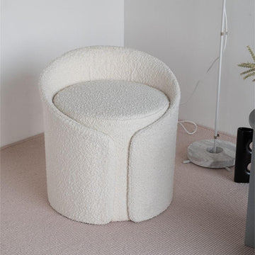 Modern White Round Lamb Wool Vanity Stool with Backrest & Rotatable Chassis